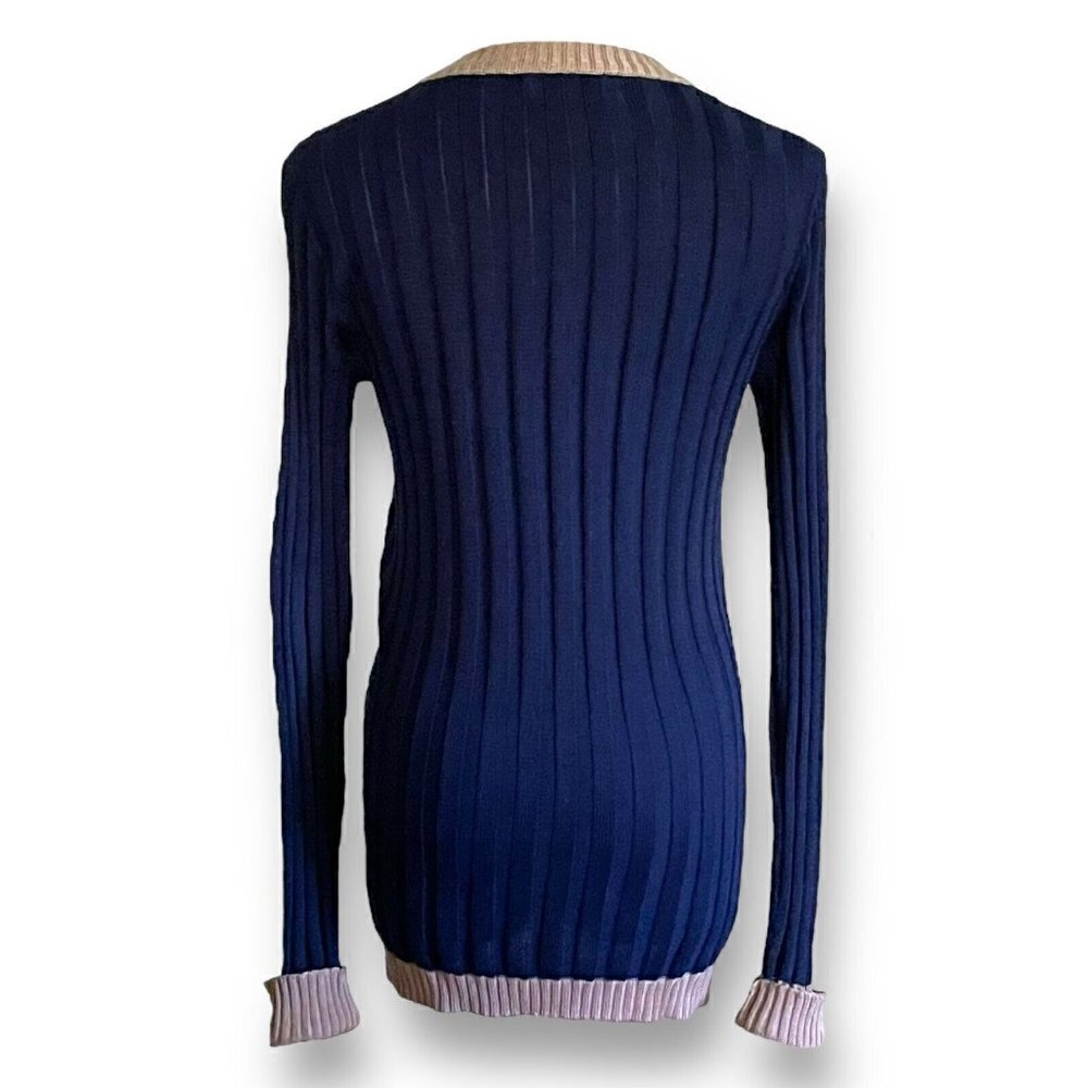 Yves Saint Laurent Rive Gauche Vintage 1970s Womens Cardigan Sz S Navy Blue Tan - Picture 6 of 10